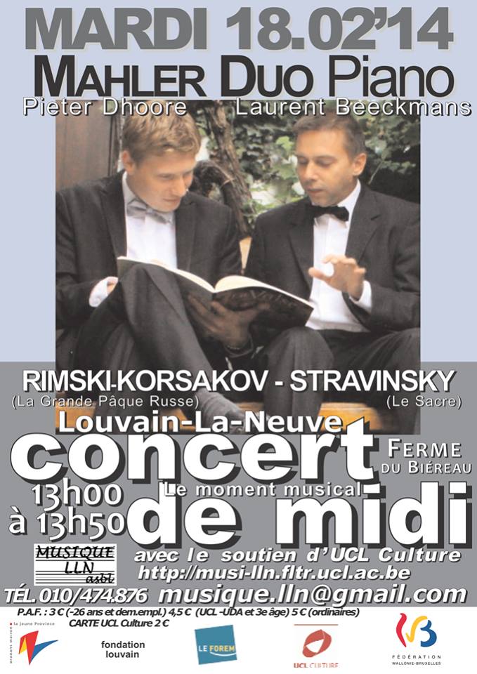 Affiche. LLN. Concert de midi. Mahler, Stravinsky et Rimski-Korsakov. 2014-02-18